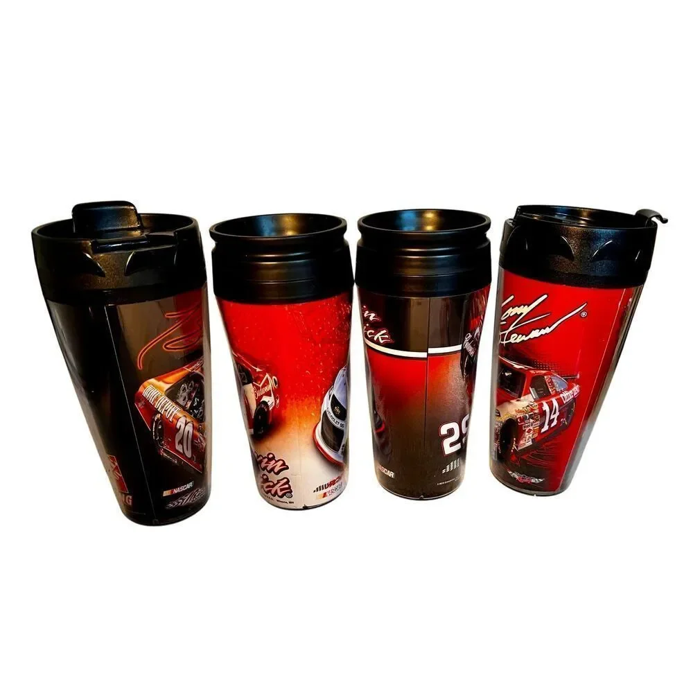 Set of 4 NASCAR-Themed Collectible Travel Mugs Tony Stewart & Kevin Harwick NEW
